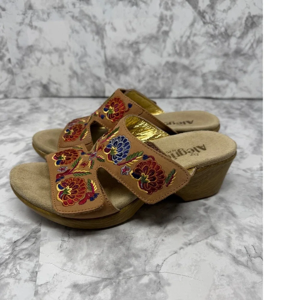 Alegria PG Lite 🦋Leather Floral Embroidered‎ Wedge Slide Sandals BOHO 38 7.5-8